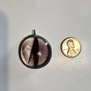 Handcrafted Glass Pendant Necklace Purple Cats Eye Gray Pewter Outline Renn Fest